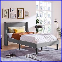 3FT Plush Velvet Moss Upholstered Bed Frame Singe Size Bed with Panel Wing Grey