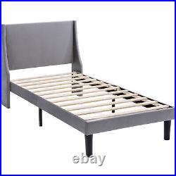 3FT Plush Velvet Moss Upholstered Bed Frame Singe Size Bed with Panel Wing Grey