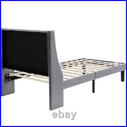 3FT Plush Velvet Upholstered Bed Frame Singe Size Bed with Wing Headboard Grey