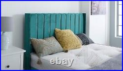 4.6ft New Wooden Winged Bed Frame Upholstered Plush Velvet Frame Teal