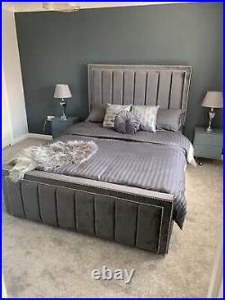 Beaded Stylo Plush Velvet Upholstered Bed Frame Double & King Size NEW