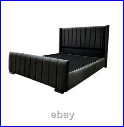 Black Plush Velvet Wingback Bed Frames Upholstered Sleigh Diamante Double 4ft6