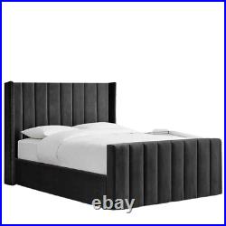 Black Velvet Wingback Bed Frame Sleigh Line Upholstered Luxury Soft Plush UK
