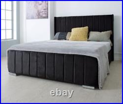 Black Velvet Wingback Bed Frame Sleigh Line Upholstered Luxury Soft Plush UK