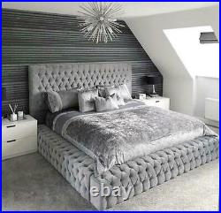 Buttoned Grey Plush Velvet Ambassador Bed Frame Upholstered Double King Size