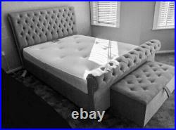 Chesterfield Luxe Scroll Sleigh Bed Handmade Upholstered Plush Crushed Velvet
