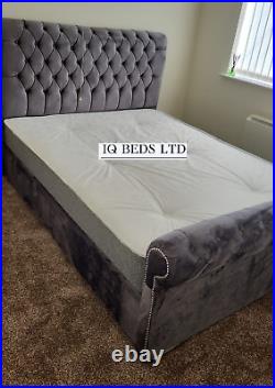 Chesterfield Scroll Upholstered Sleigh Plush Velvet Bed Frame Fast Dispatch NEW