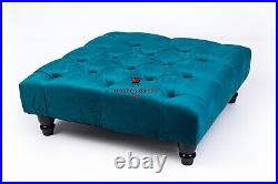 Chesterfield Upholstered Pouffe Matching Buttoned Footstool With Wooden Legs UK