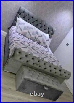 Chesterfield Upholstered Sleigh Plush Velvet Bed Frame Gas Lift Ottoma Storage
