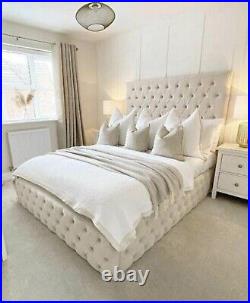 Cream Plush Velvet Upholstered Grande Bed With High Headboard and Mattress