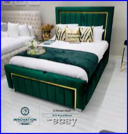 Designer Panel Plush Velvet Upholstered Gold Strip Bed Frame All Sizes & Colours