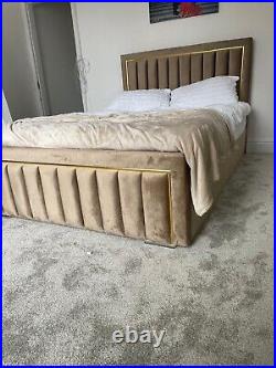 Designer Panel Plush Velvet Upholstered Gold Strip Bed Frame All Sizes & Colours