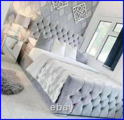 Diamond Plush Velvet Sleigh Bed Frame Upholstered Double King Size With Mattress