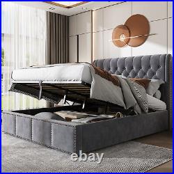 Double Bed Frame with Storage Ottoman Bed Plush Velvet Upholstered Bed 4ft6 Grey