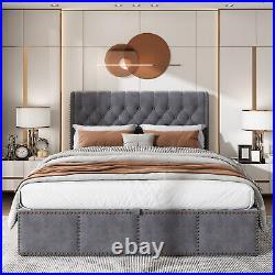 Double Bed Frame with Storage Ottoman Bed Plush Velvet Upholstered Bed 4ft6 Grey