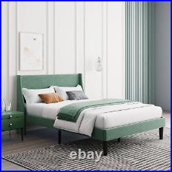 Double Size Bed 4FT6 Plush Velvet Upholstered Bed Frame Wood Slat Support Green