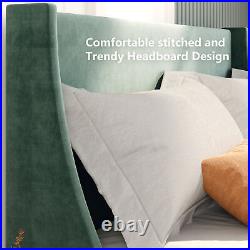 Double Size Bed 4FT6 Plush Velvet Upholstered Bed Frame Wood Slat Support Green