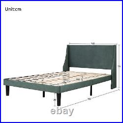 Double Size Bed 4FT6 Plush Velvet Upholstered Bed Frame Wood Slat Support Green