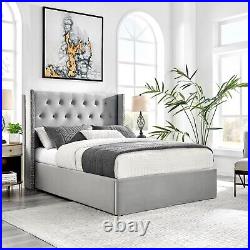 ECASA WingBack Plush Velvet Upholstered Bed Frame & Mattress Double & King Grey