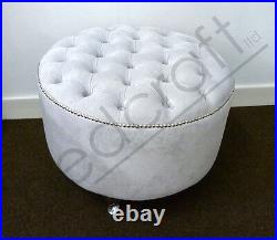 FABRIC POUFFE FOOT STOOL Chesterfield Upholstered Round Seat Grey, Neutral