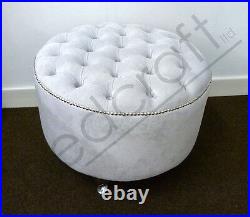 FABRIC POUFFE FOOTSTOOL Chesterfield Upholstered Round Seat Steel Grey Plush