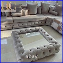 Glass coffee table velvet mirror plush grey upholstered deep buttoned