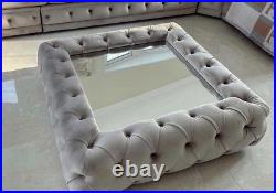 Glass coffee table velvet mirror plush grey upholstered deep buttoned