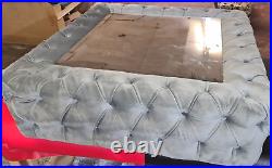 Glass coffee table velvet mirror plush grey upholstered deep buttoned