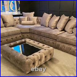 Glass coffee table velvet mirror plush grey upholstered deep buttoned