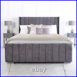 Grey Handmade Bed Modern Frame New Wingback Lines Plush Velvet Upholstered UK
