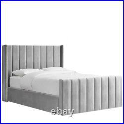 Grey Handmade Bed Modern Frame New Wingback Lines Plush Velvet Upholstered UK
