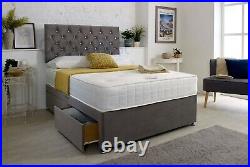 Grey Plush Velvet Divan Bed, Memory Sprung Mattress option + 24 Ibex Headboard