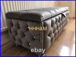 HANDMADE Chesterfield GREY PLUSH Velvet FULLY Upholstered Storage Ottoman Box