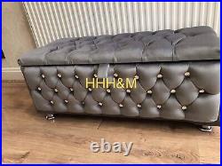 HANDMADE Chesterfield GREY PLUSH Velvet FULLY Upholstered Storage Ottoman Box