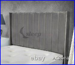 Line Panel Plush Velvet Winged Bed Frame. Wingback Bed in All Colours & Sizes