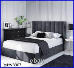 Lined wing bed Plush Velvet Upholstered Bed Frame Double & King Size NEW