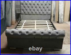 Luxury Plush Velvet Chesterfield Sleigh Scroll Upholstered Bed Frame 3ft 4ft 5ft