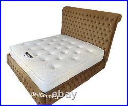 Luxury Plush Velvet Frankfurt Sleigh Bed, Chesterfield Bed, Upholstered Bed