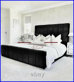 Luxury Upholstered Black Plush Velvet Fabric Panel Bed Frame Double 4FT6