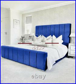 Luxury Upholstered Blue Plush Velvet Fabric Panel Bed Frame Double 4FT6