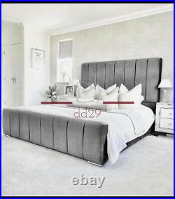 Luxury Upholstered Grey Plush Velvet Fabric Panel Bed Frame Double 4FT6