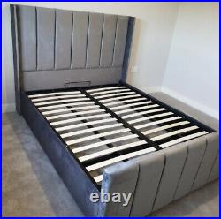 Luxury Winged Panel Plush Bed Frame Upholstered Velvet Handmade Ottoman Storage