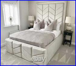 Modern Plush Velvet Upholstered Leaf Panel Bedframe, plush velvet Bed frame