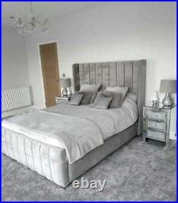 Modern Winged Panel Plush Velvet Upholstered Bed Frame 3ft/4ft/5ft/6ft +mattress