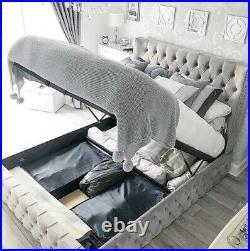 NEW Winged Beige Plush Velvet Ottoman Storage Bed Frame King Size 60 Headboard