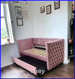 Natural Wood Plush Velvet Upholstered Guest Room Single Trundle Sofa Cum Daybed