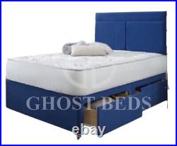 New Alicante Blue Plush Divan Bed Set + Ortho Mattress + 24 Matching Headboard
