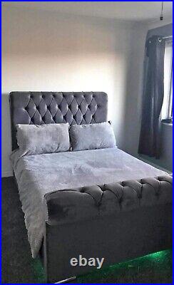 New Plush Velvet Fabric Upholstered Chesterfield Sleigh Bed in All Colours