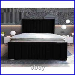 New Plush Velvet Upholstered Panel Designer Bed Frame with Winged Headboard Uk