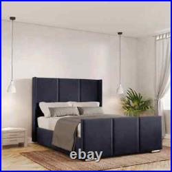 New Style Plush Velvet Upholstered Lines Bed Frame with Winged Headboard Uk